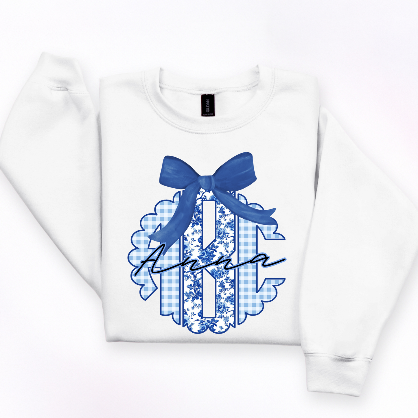 Blue Gingham Floral Plaid- Custom Monogram Transfer