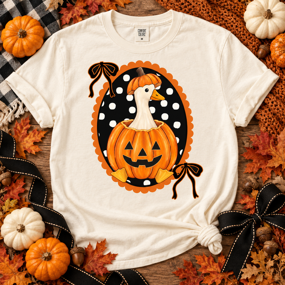 Halloween Goose in Jack-O-Lantern Pumpkin with Bows (DTF)