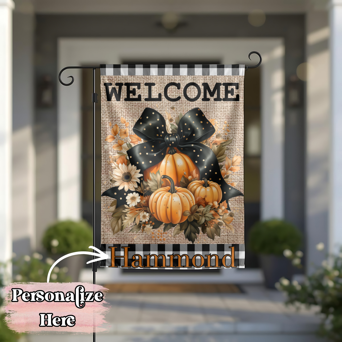 Floral & Plaid Bow Pumpkin Flag - 12x18 Inches - ‼️Fully Customizable Transfer‼️