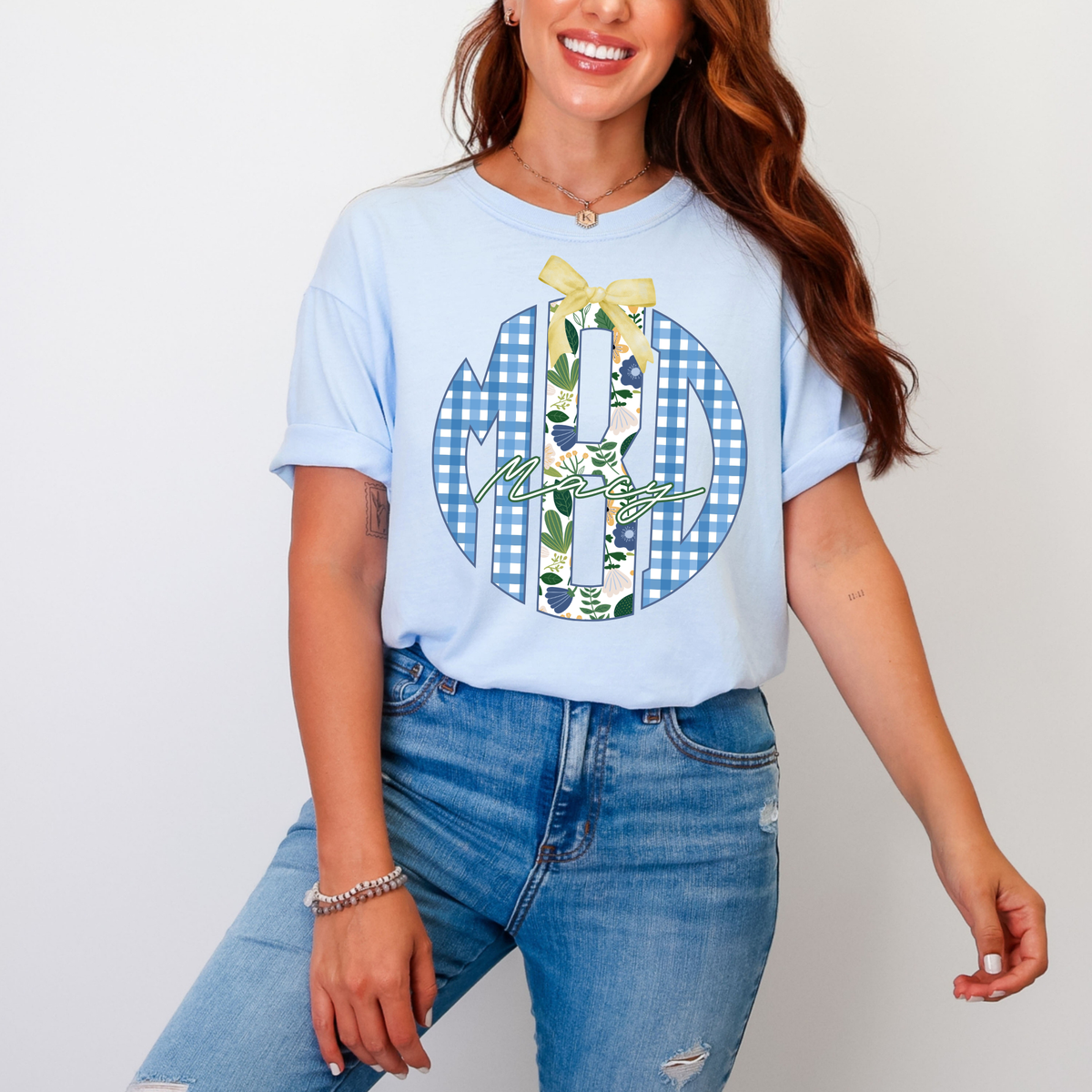Blue & Green Floral Gingham - Custom Monogram Transfer