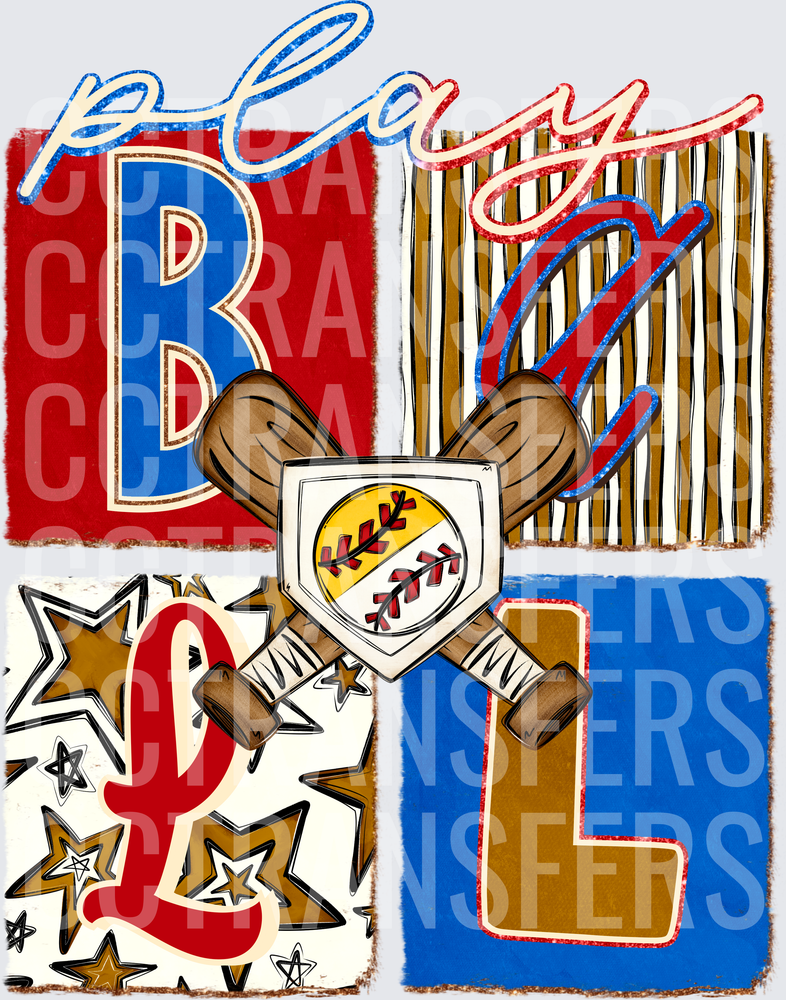Play Ball Crossed Bats Shield Stars Red Blue Blocks (DTF)
