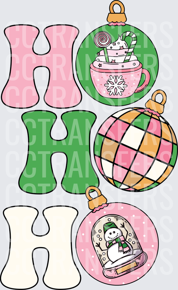 Ho Ho Ho Christmas Ornaments Pink Green Retro (DTF)