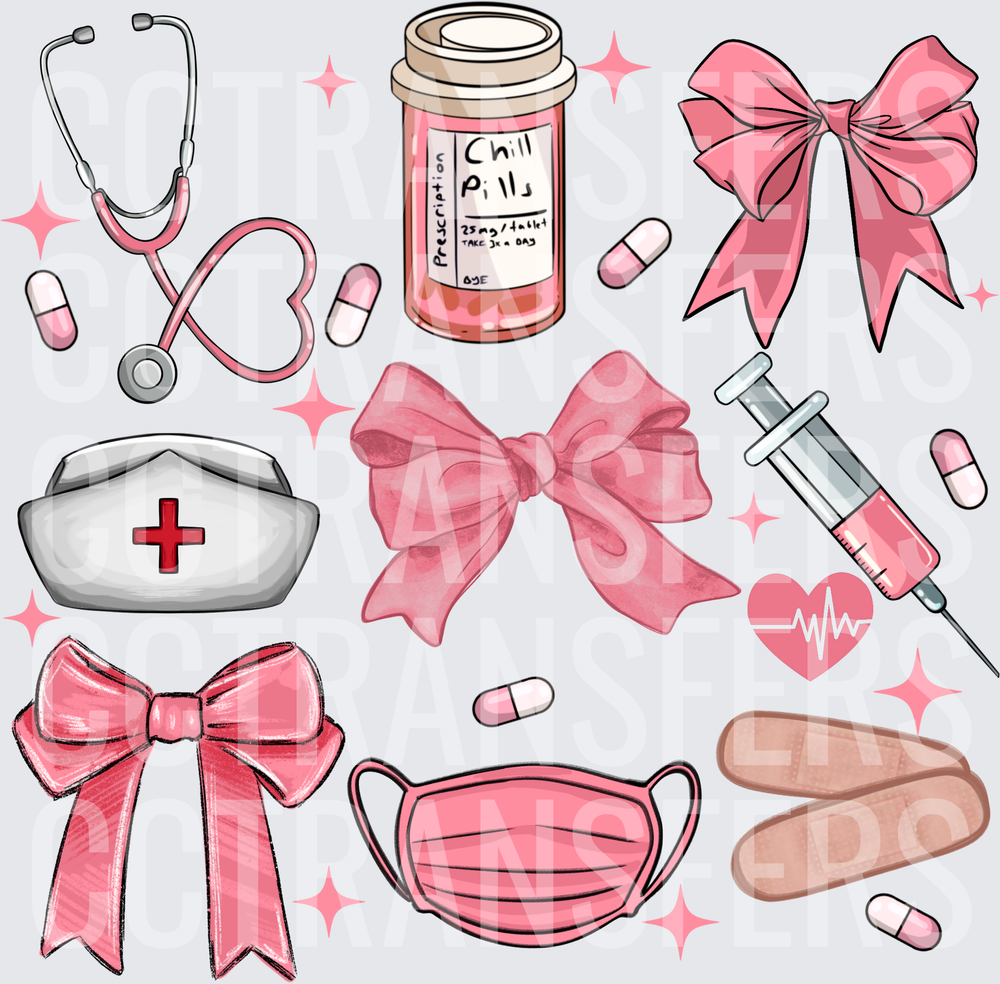 Pink Nurse Medical Icons Chill Pills Bows Coquette (DTF)