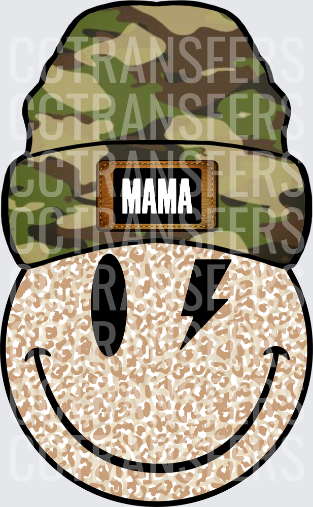 Mama Leopard Smiley Face Camo Beanie Lightning Bolt (DTF)