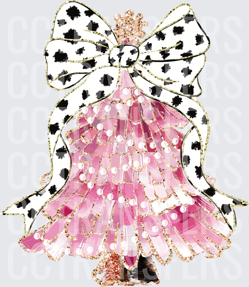 Pink Glitter Christmas Tree Pearl Accents Dalmatian Bow (DTF)