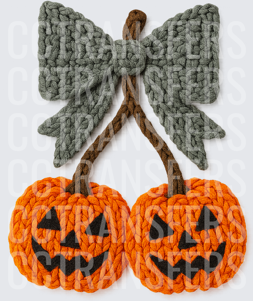 Crochet Jack-O-Lantern Cherry Pair with Gray Bow (DTF)