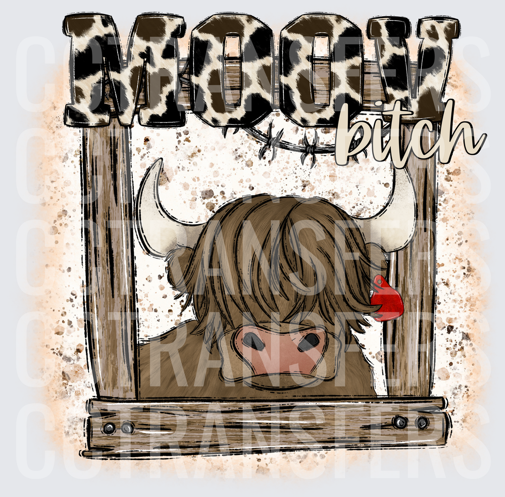 Moov Bitch Highland Cow Cow Print Rustic Fence (DTF)