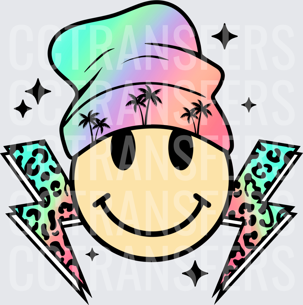 Pastel Smiley Face Beanie Palm Trees Leopard Bolts Stars (DTF)