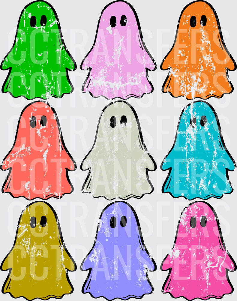 Colorful Distressed Retro Ghost Nine Pack Halloween (DTF)