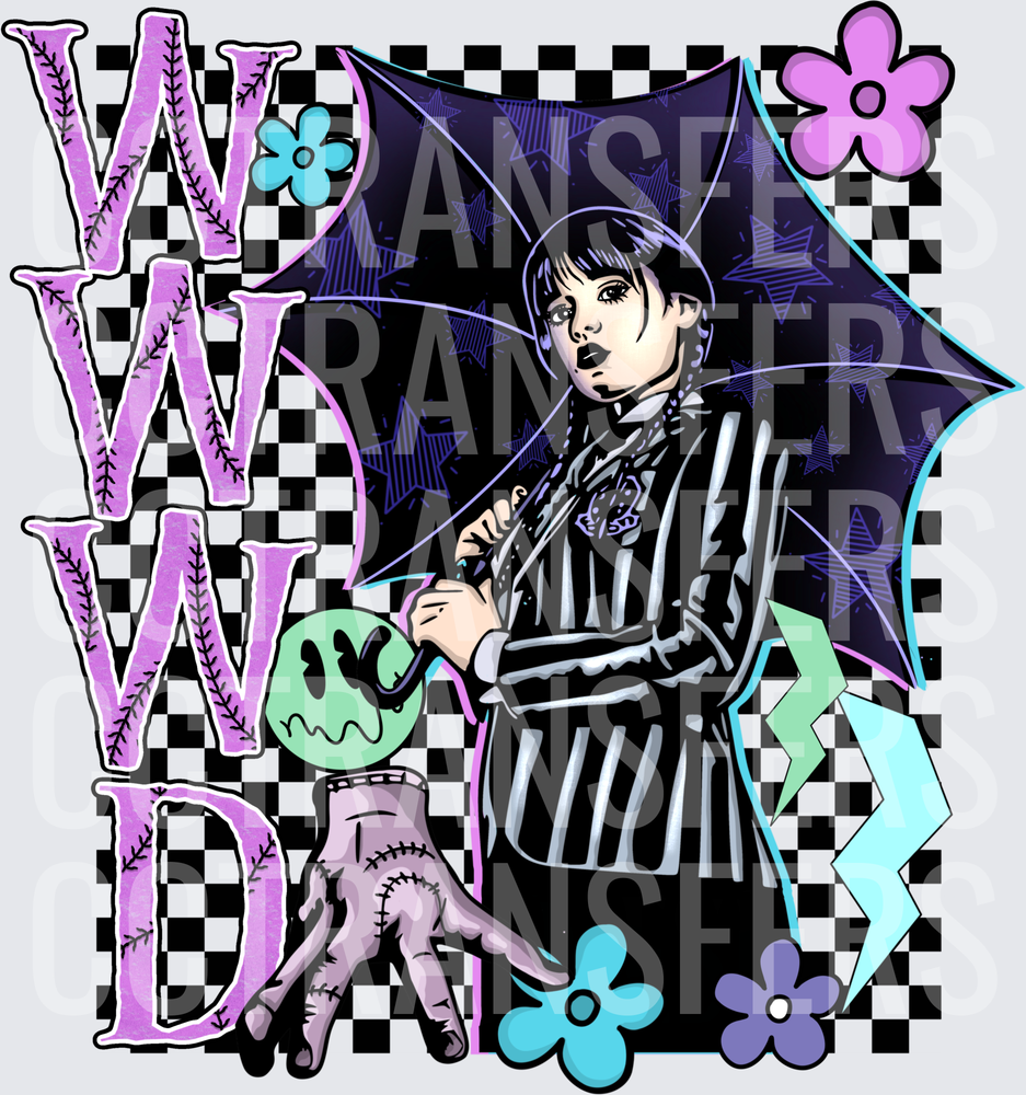 WWWD Goth Girl Umbrella Checkered Pastel Creepy Hand (DTF)