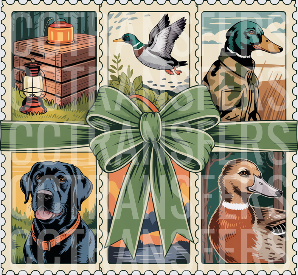 Duck Hunting Stamp Collage with Black Lab and Green Bow (DTF)