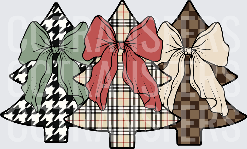 Three Patterned Christmas Trees with Decorative Bows (DTF)