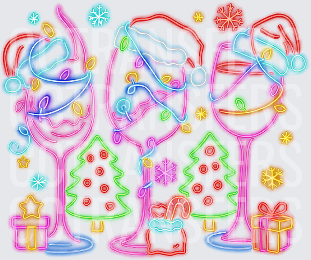 Neon Christmas Wine Glasses Santa Hats Holiday Lights (DTF)