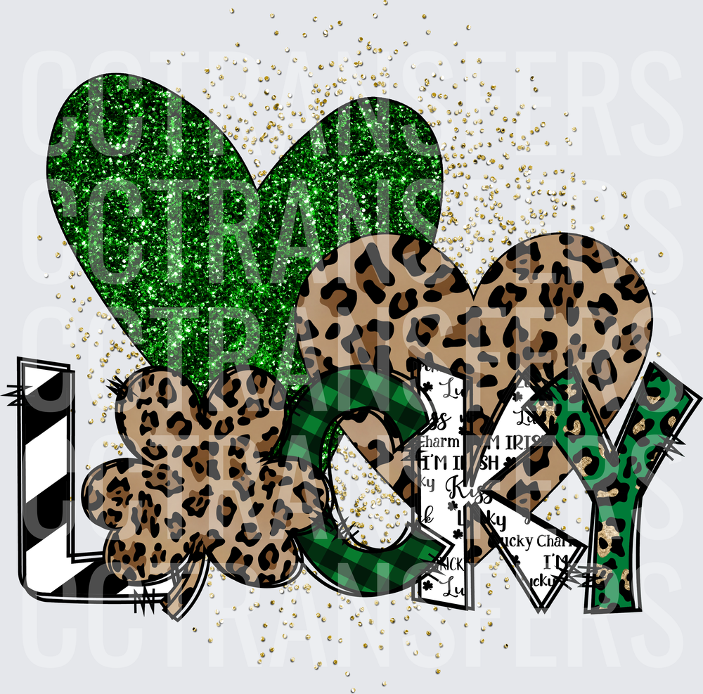Lucky St. Patrick's Day Leopard Heart Glitter Clover (DTF)