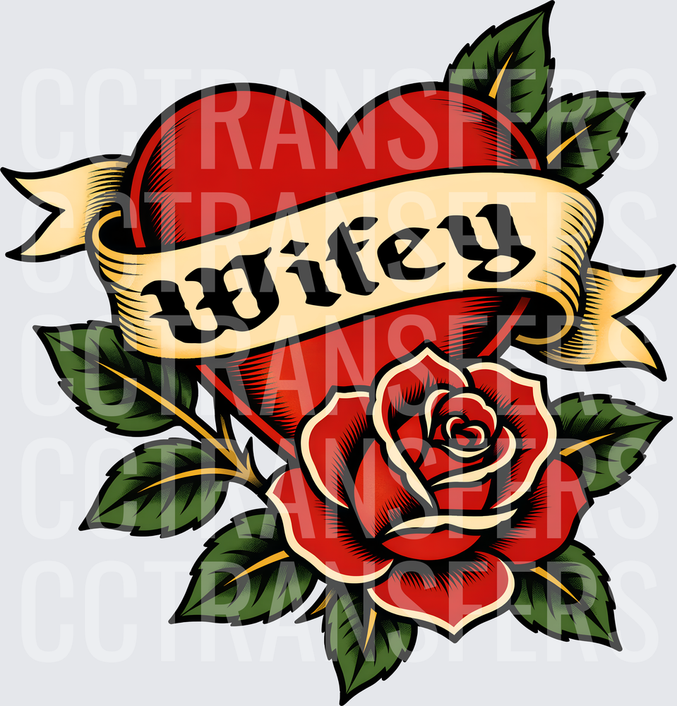 Wifey Red Heart Rose Banner Old School Tattoo (DTF)