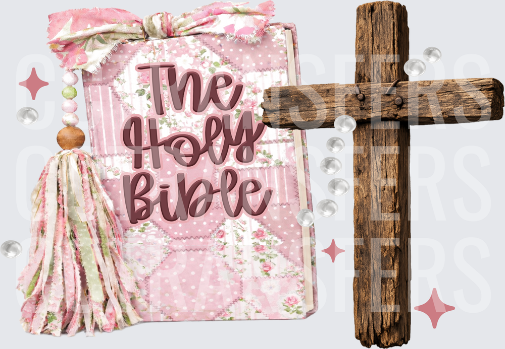 Pink Floral Patchwork Holy Bible Rustic Wooden Cross (DTF)