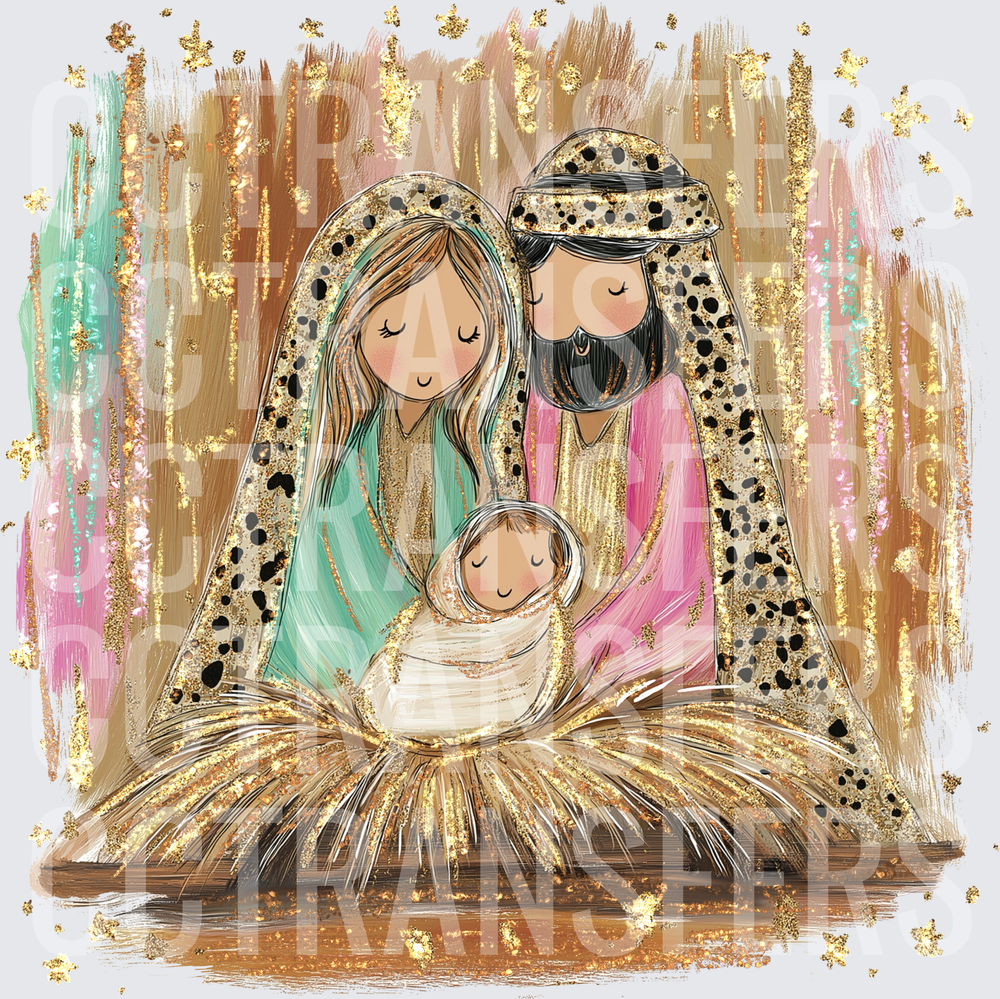 Glitter Holy Family Nativity Scene Gold Star (DTF)