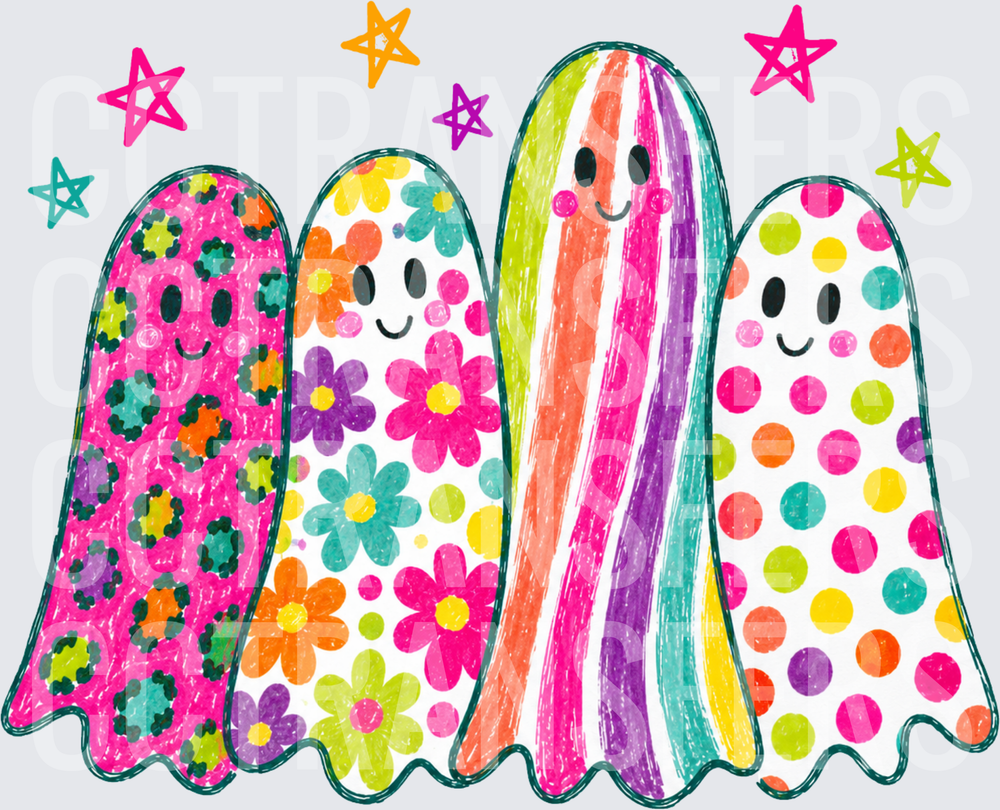 Colorful Patterned Smiling Ghosts with Stars (DTF)
