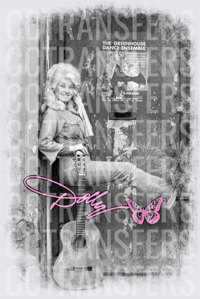 Dolly Vintage Black White Guitar Pink Butterfly (DTF)