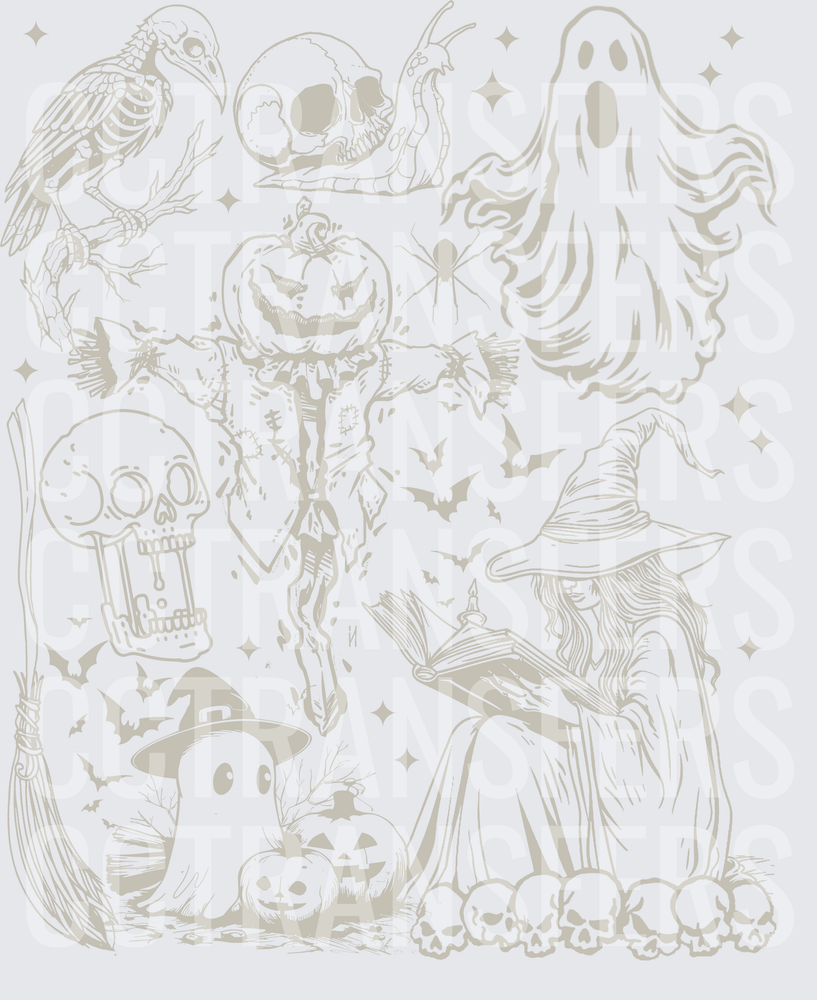 Halloween Collage Scarecrow Witch Ghost Skulls Bats (DTF)