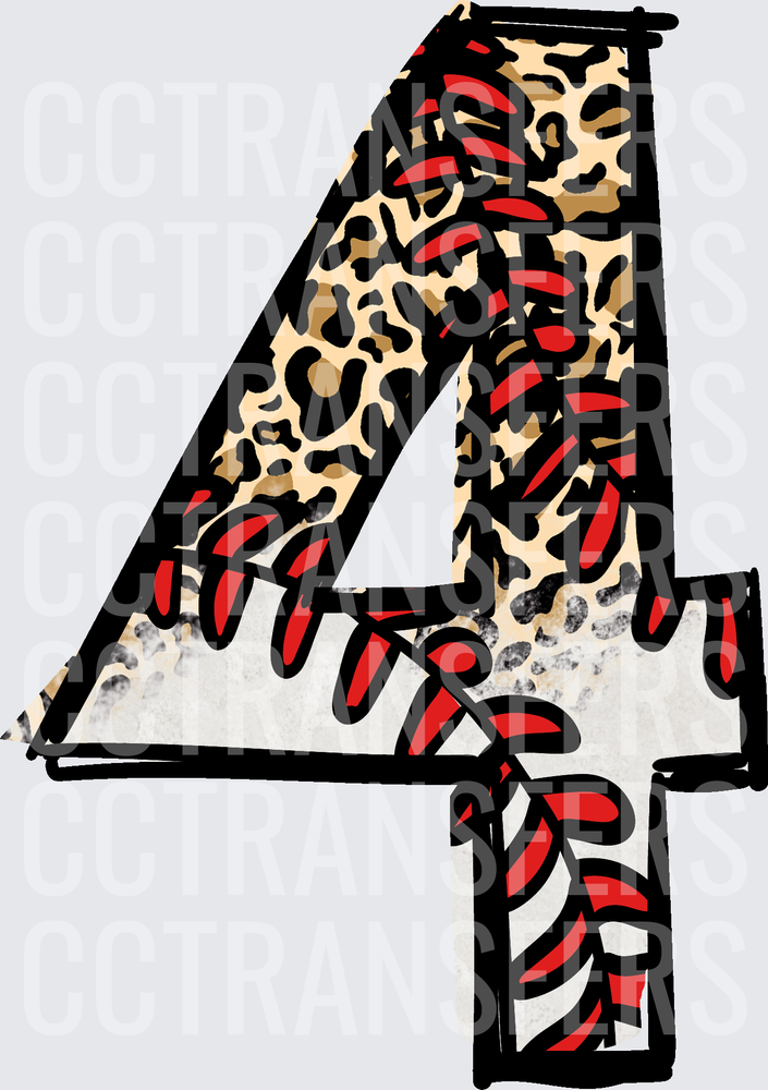 Number 4 Leopard Print Baseball Stitch Design (DTF)