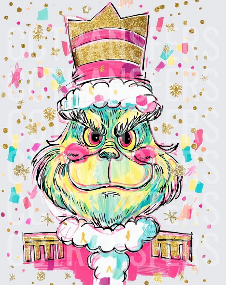 Grumpy Green G-Man Pink Gold Crown Confetti Christmas (DTF)