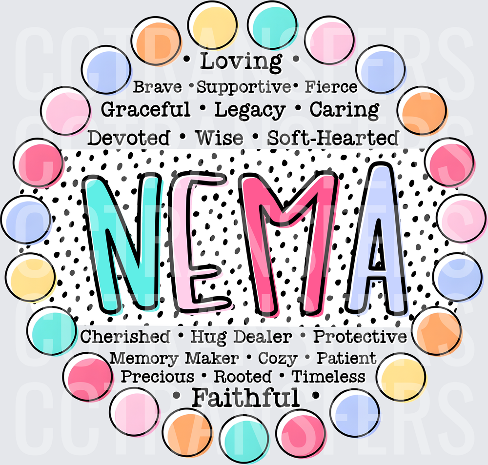 Nema Word Art Loving Brave Faithful Colorful Dots (DTF)