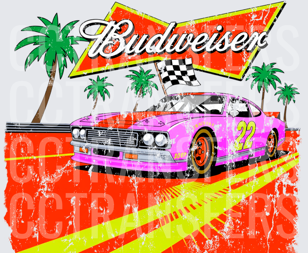 Retro Pink Number 22 Race Car Palm Trees Checkered Flag (DTF)