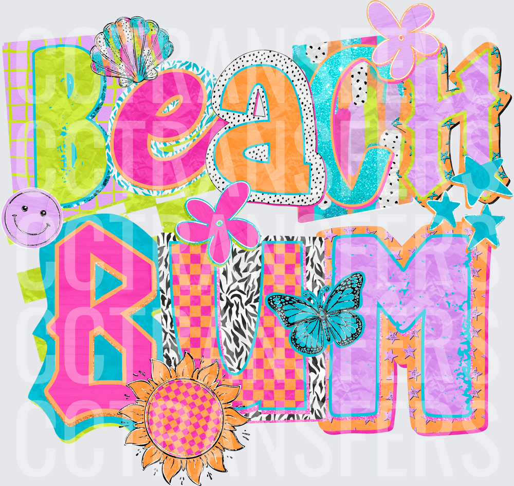 Colorful Retro Beach Bum Patchwork Lettering with Flowers (DTF)