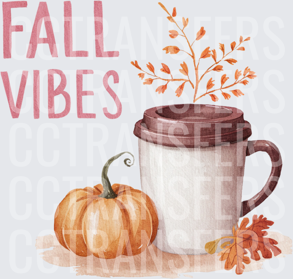 Fall Vibes Watercolor Pumpkin Coffee Cup Autumn Leaves (DTF)