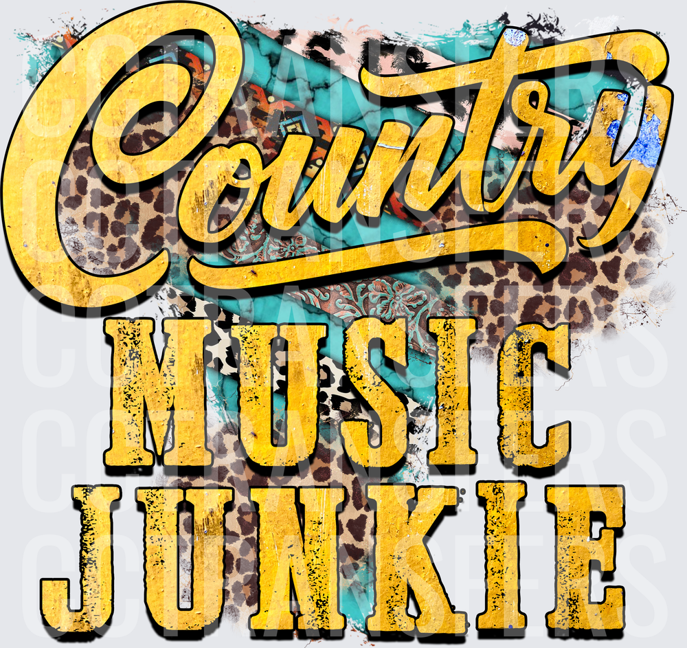 Country Music Junkie Leopard Turquoise Western Bold (DTF)