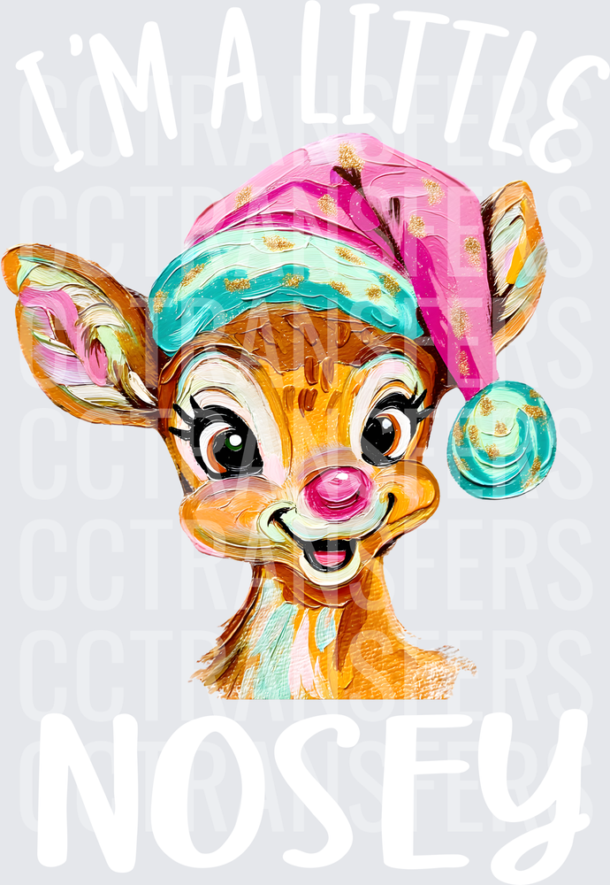 Cute Holiday Reindeer Pink Santa Hat Oil Paint Style (DTF)
