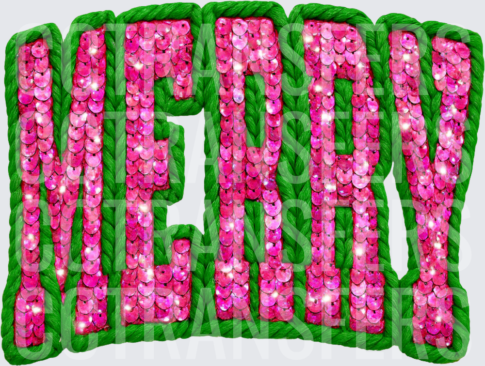 Merry Pink Sequin Green Rope Letter Word Design (DTF)