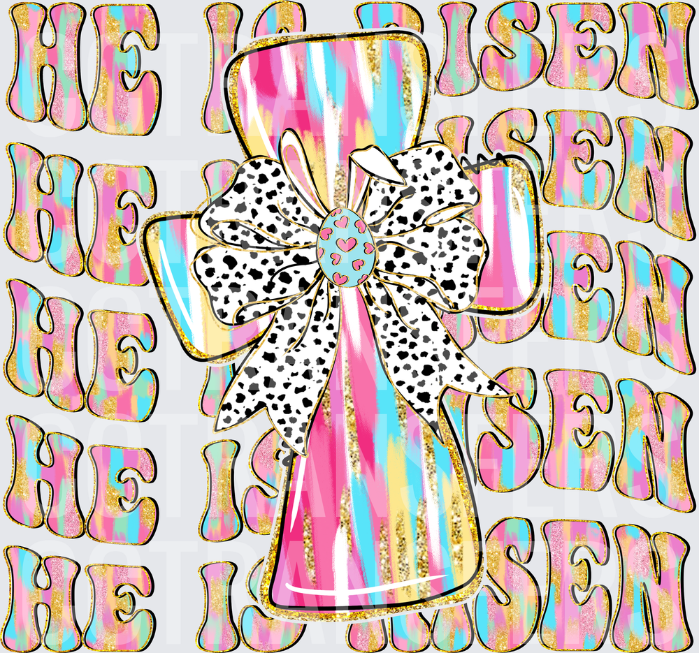 He Is Risen Cross Dalmatian Bow Easter Pastel (DTF)
