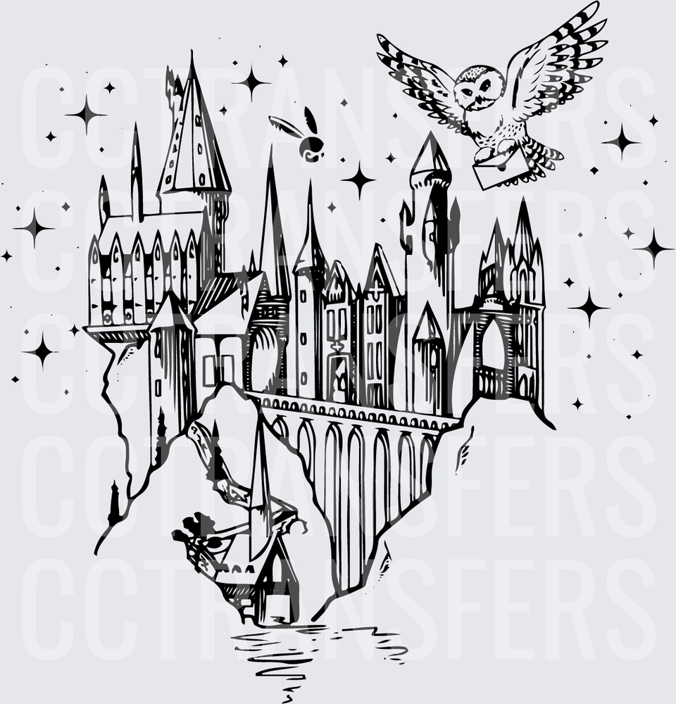 Magical Castle with Snowy Owl Carrying Letter and Stars (DTF)