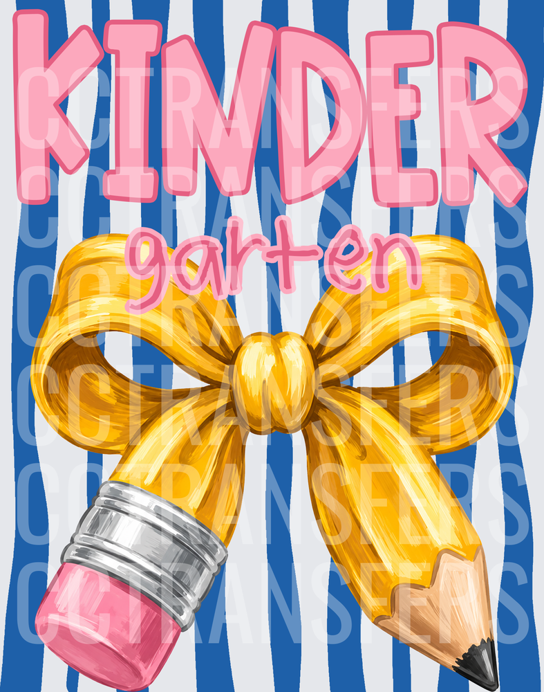 Kindergarten Pencil Gold Bow Blue Stripes (DTF)