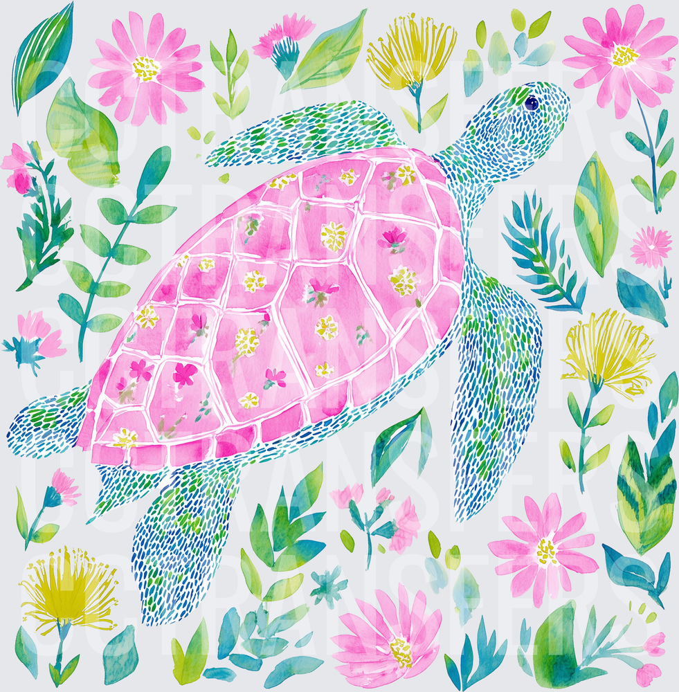 Watercolor Sea Turtle Pink Floral Garden (DTF)