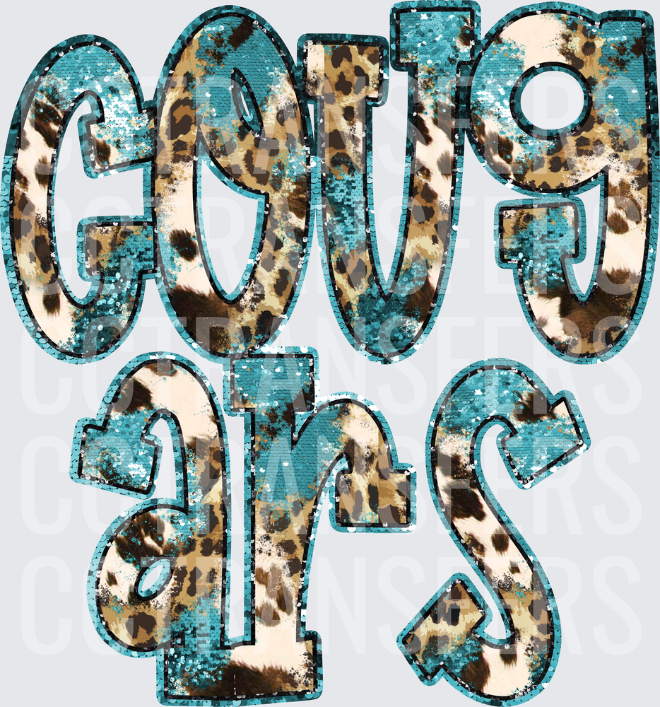 Cougars Teal Sequin Leopard Print Lettering (DTF)