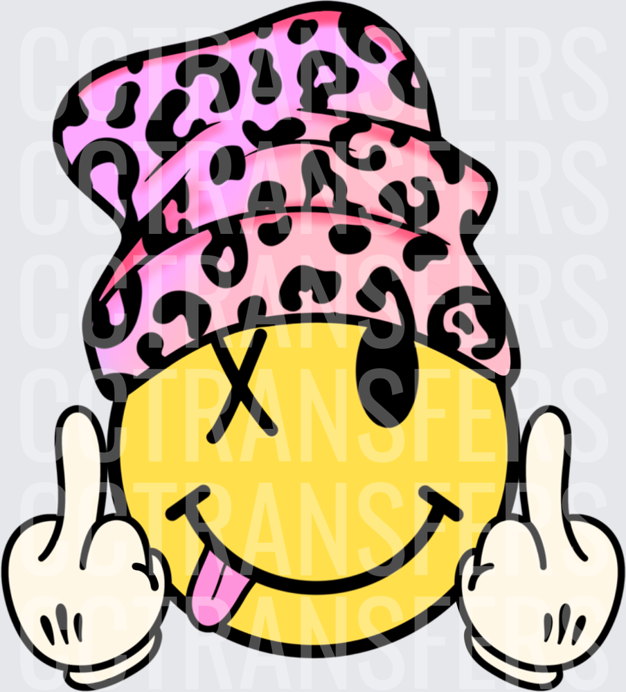 Yellow Smiley Face Pink Leopard Bucket Hat Middle Fingers (DTF)