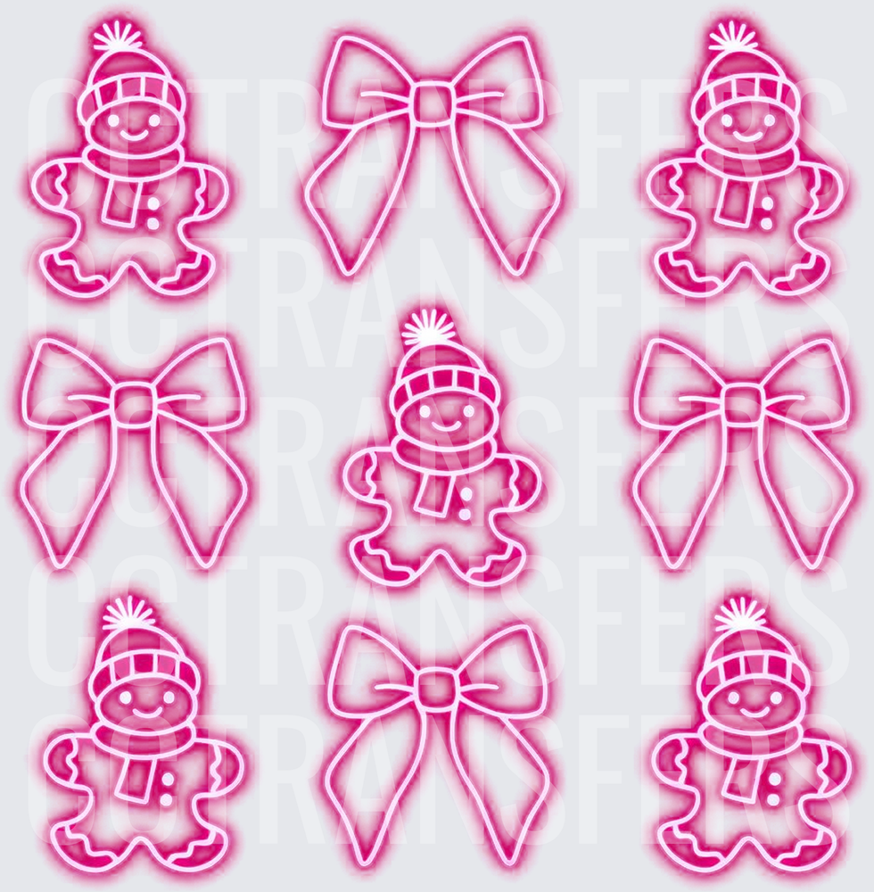 Pink Neon Gingerbread Men and Bows Christmas Bundle (DTF)