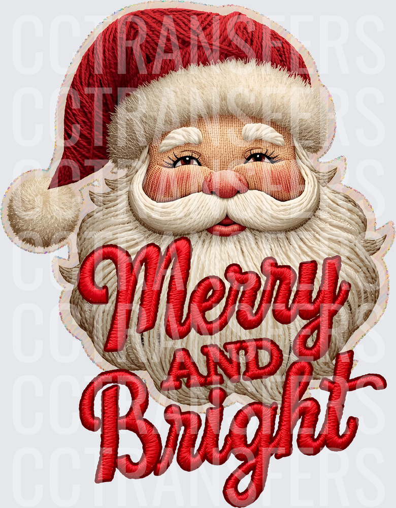 Embroidered Santa Face Merry and Bright (DTF)