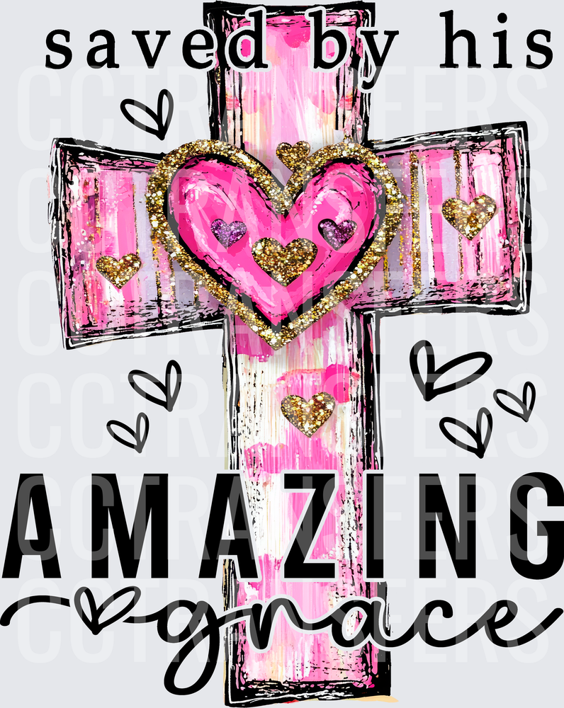 Saved By His Amazing Grace Pink Cross Gold Glitter Hearts (DTF)