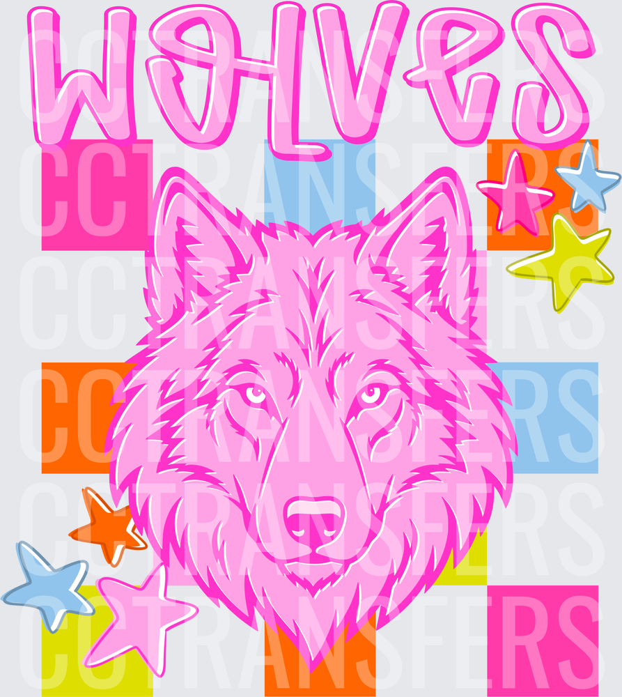 Retro Pink Wolf Head Wolves Colorful Checkered Stars (DTF)