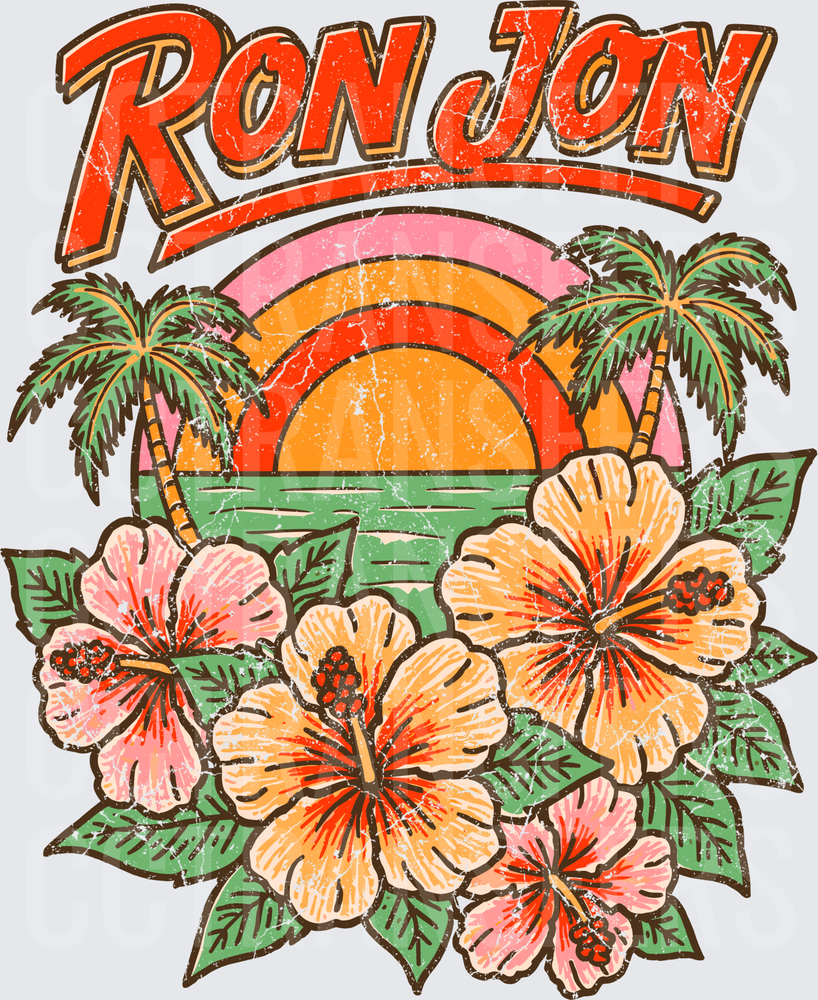 Vintage Tropical Sunset Hibiscus Floral Beach Scene (DTF)