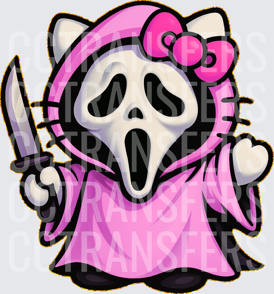 Cute Pink Bow Kitty Horror Ghost Mask Knife Robe (DTF)