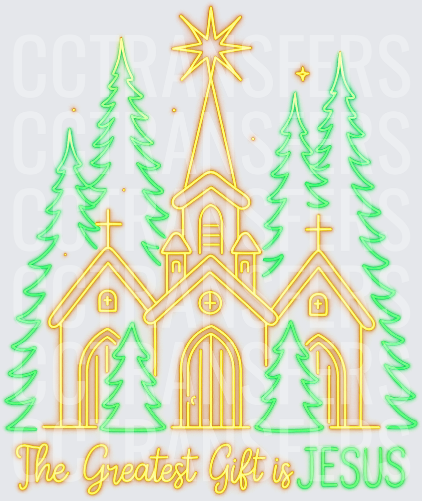 Neon Church Christmas Trees The Greatest Gift Is Jesus (DTF)