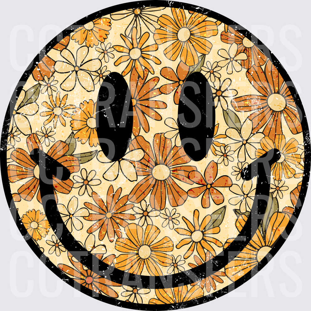 Retro Floral Daisy Happy Smiley Face Distressed (DTF)