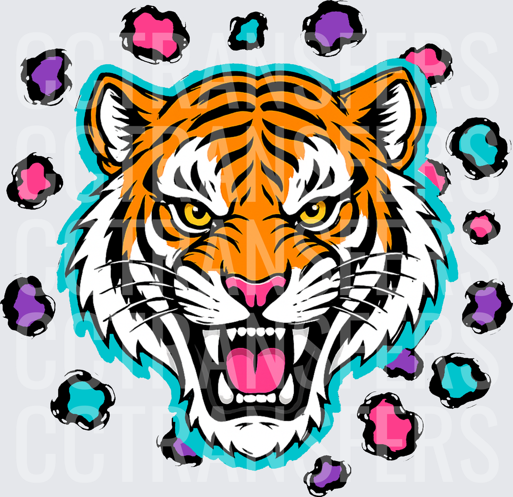 Roaring Tiger Face Teal Outline Colorful Paw Prints (DTF)