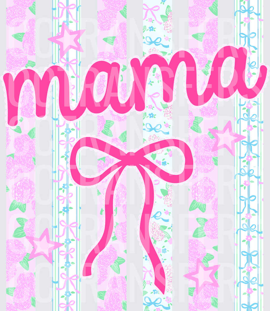Mama Hot Pink Bow Stars Floral Stripe Pattern (DTF)