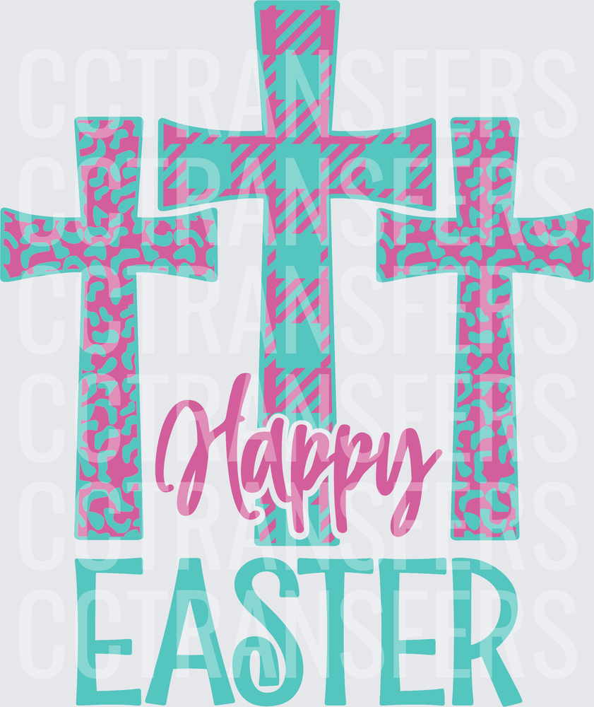 Happy Easter Three Patterned Crosses Pink Teal (DTF)